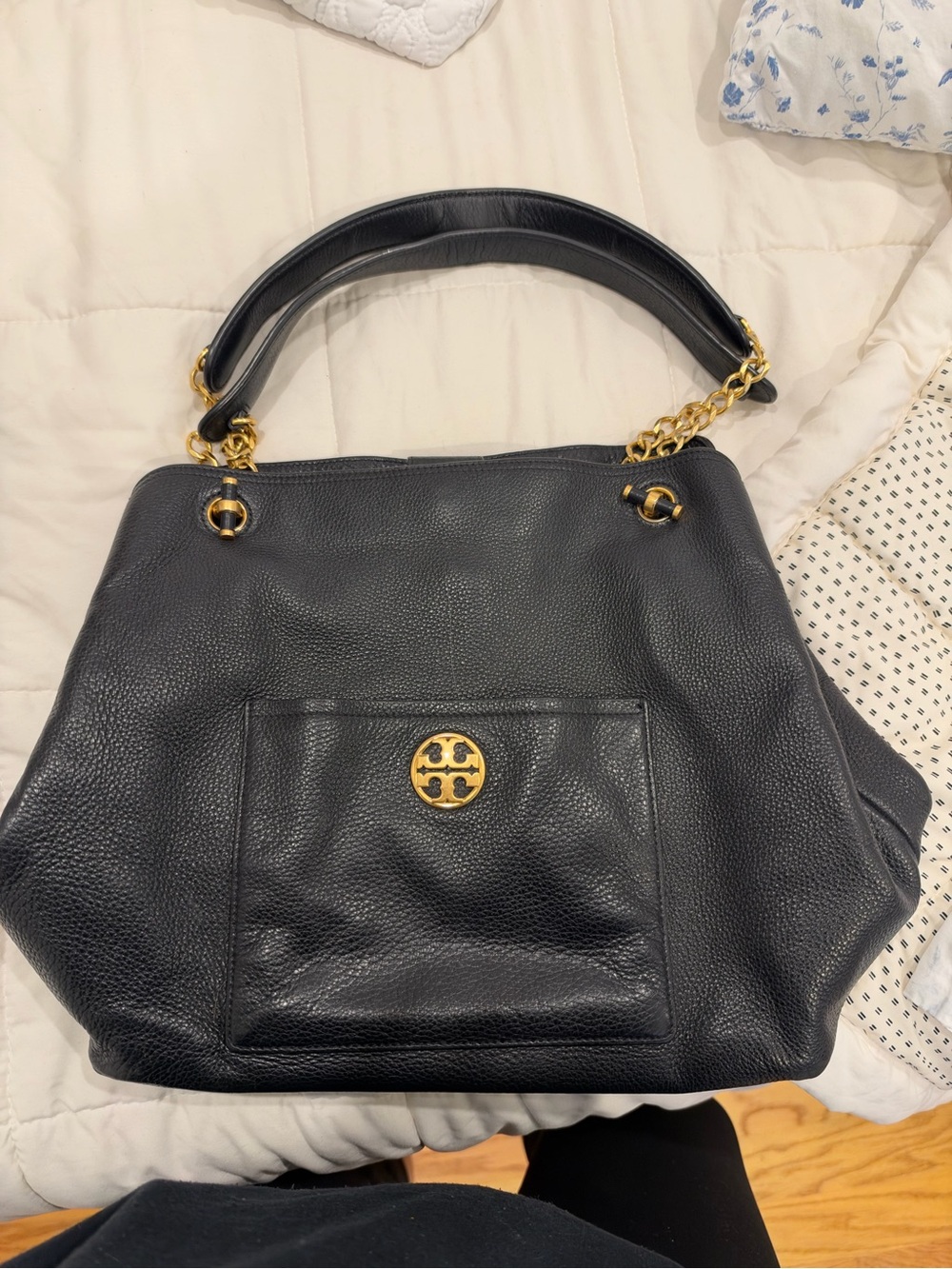 Tory Burch Black Leather Shoulder Bag with Gold Hardware